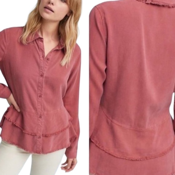 Cloth & Stone Tencel Red Chambray Peplum Button Down Top Frayed Hem Sz XS - Picture 1 of 10
